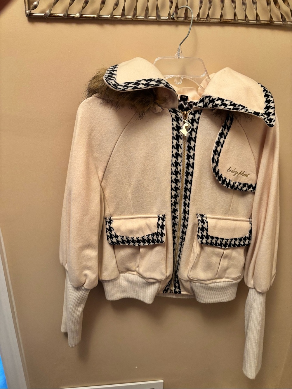 Baby Phat Cream Houndstooth Trim Jacket with Faux Fur Collar